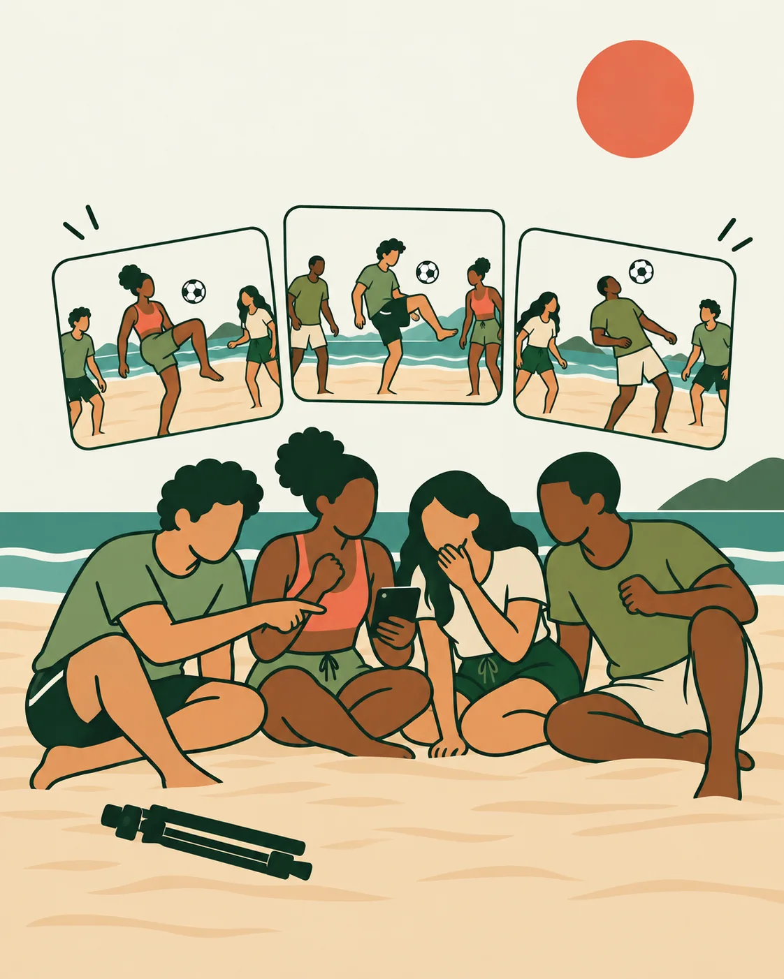 Ilustração da turma revendo no celular os lances salvos da altinha