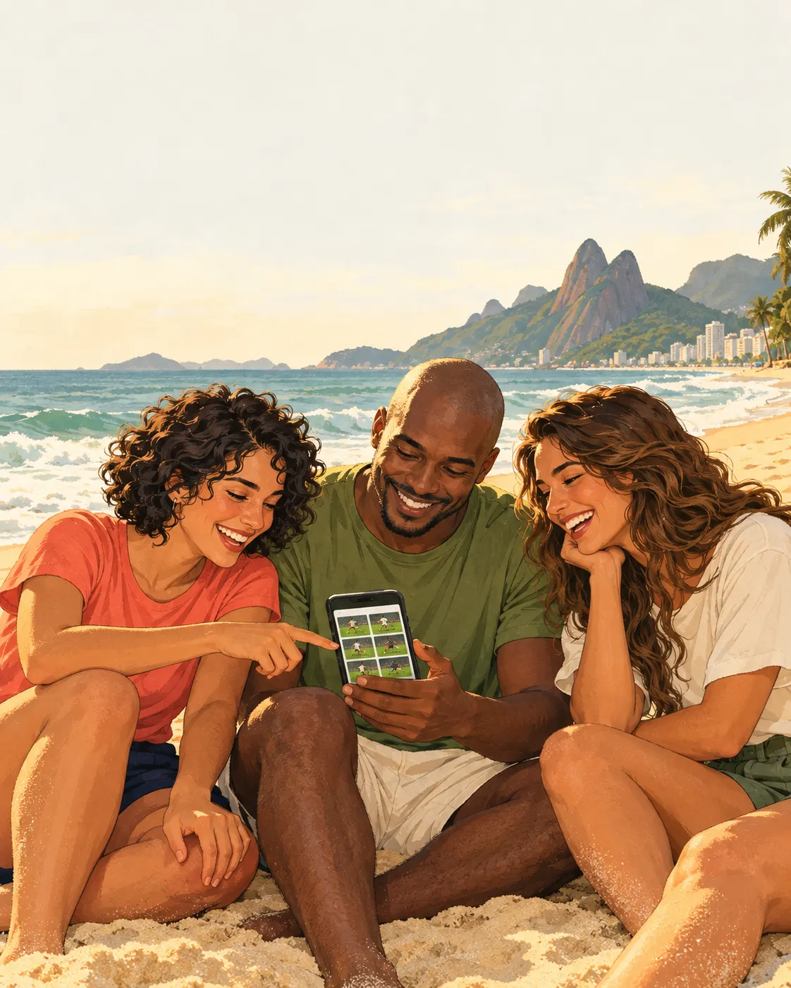 Ilustração de amigos revendo vídeos no celular, sentados na areia