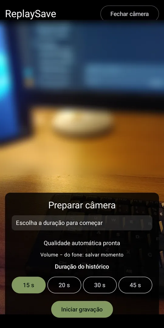 Tela de preparação com a escolha de 15, 20, 30 ou 45 segundos