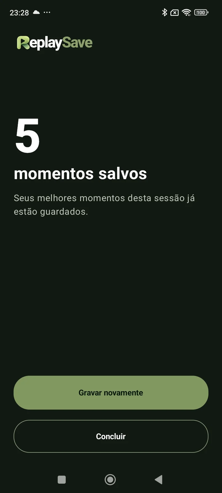 Tela do aplicativo mostrando cinco momentos salvos