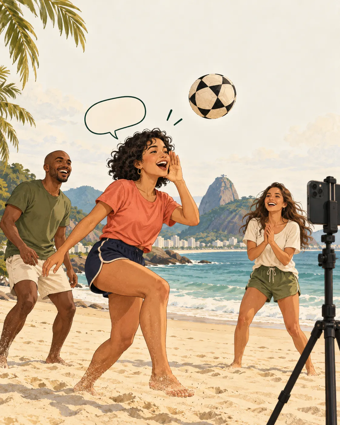 Ilustração de uma jogadora chamando o comando de voz após um lance